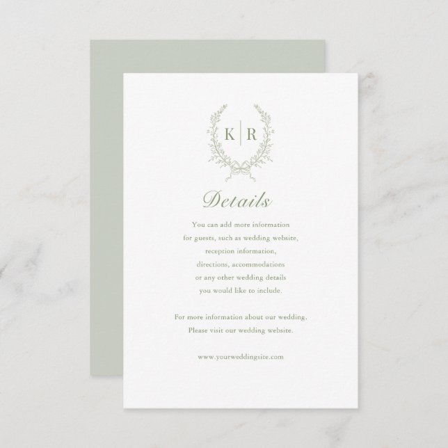 Sage Botaniacal Wappen Wedding Details Card RSVP Karte (Vorne/Hinten)
