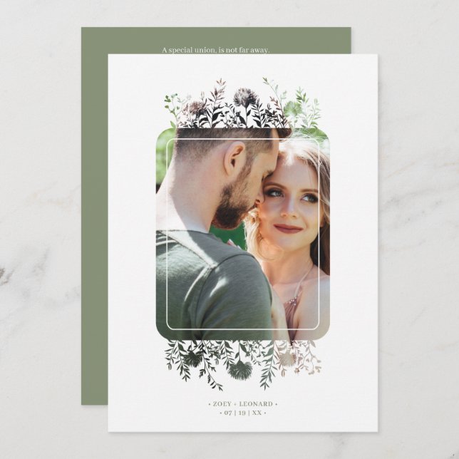 Sage Botanical Elegant Wildflowers Photo Wedding Einladung (Vorne/Hinten)