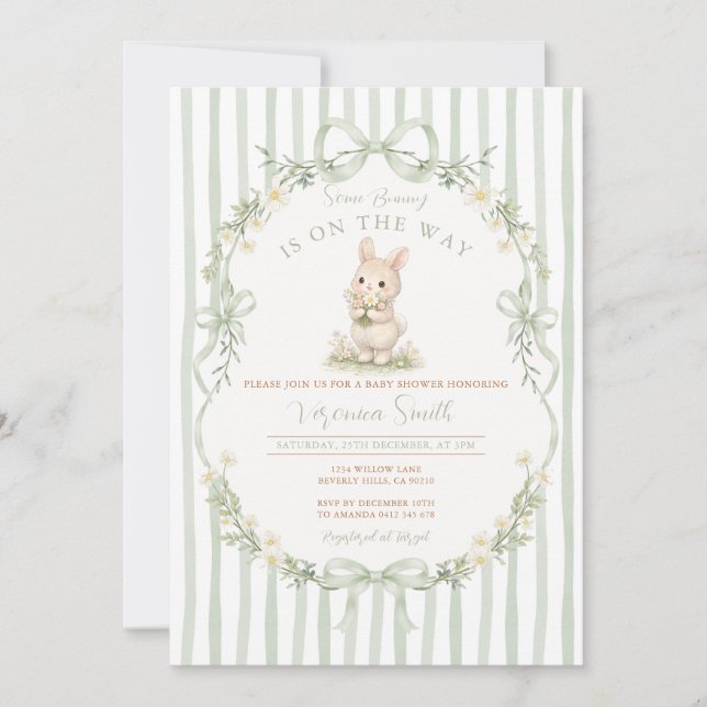 Sage Bow Stripe Green Bunny Baby Shower Invitation Einladung (Vorderseite)