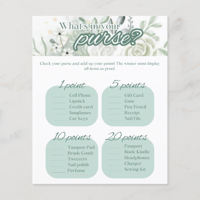 Sage Brautparty Game - Was ist in deinem Portemonn (Vorderseite)