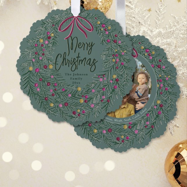 Sage Burgundy Merry Christmas Ornament with Photo (Von Creator hochgeladen)