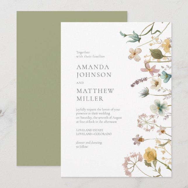Sage Chic Spring Delicate Pressed Florals Hochzeit Einladung (Vorne/Hinten)