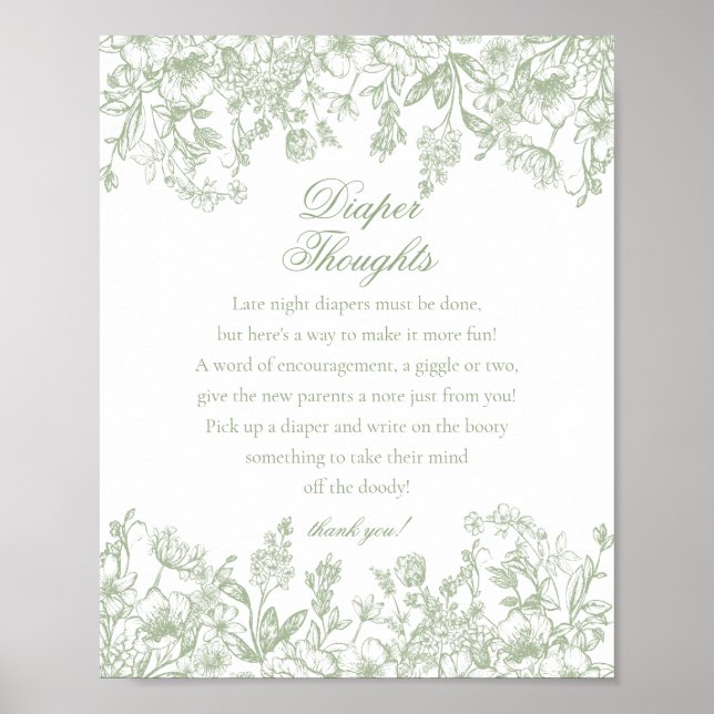 Sage Chinoiserie Flora Diaper Thoughts Baby Shower Poster (Vorne)