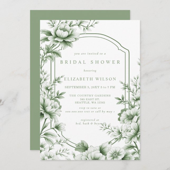 Sage Chinoiserie Toile Floral Bridal Shower Einladung (Vorne/Hinten)