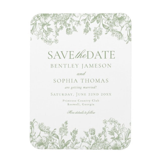 Sage Chinoiserie Vintage Floral Save the Date Card Magnet (Vertikal)