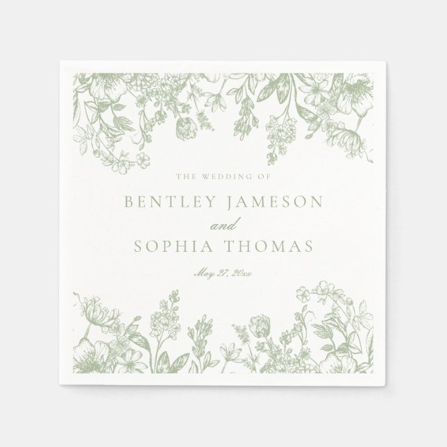 Sage Chinoiserie Vintage Floral Wedding Dessert Serviette (Vorderseite)