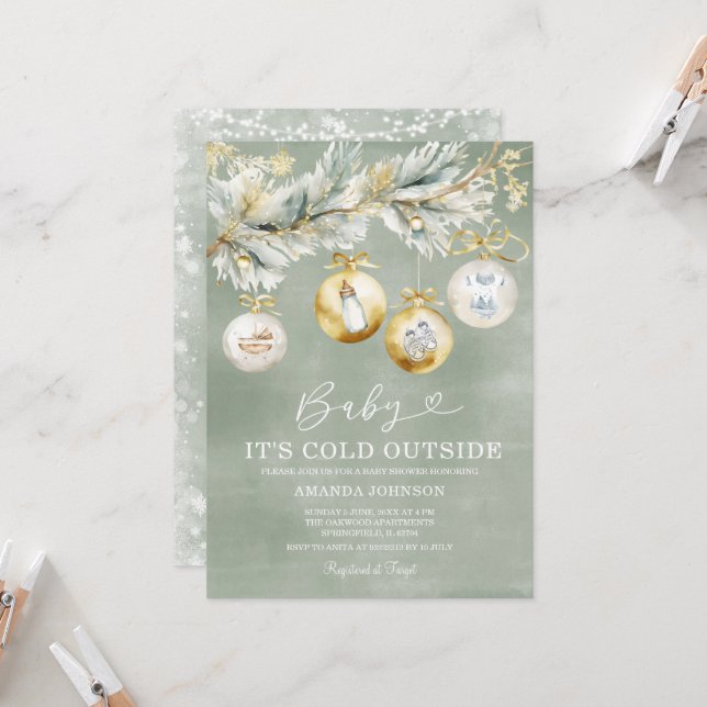 Sage Cold Outdoor Snowflake Weihnachtsdusche Einladung (Vorderseite/Rückseite Beispiel)