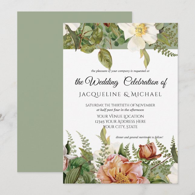 Sage Corn Blush Floral Ivory Peony Rose Hochzeit Einladung (Vorne/Hinten)
