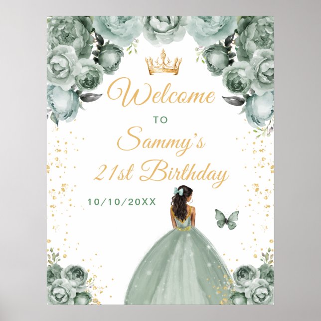 Sage Dark Skin Princess Geburtstag Willkommen Poster (Vorne)