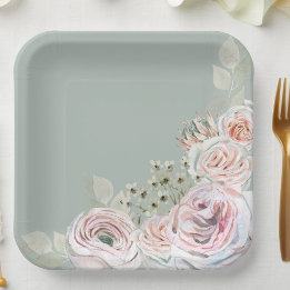 Sage Delikate Aquarellfarben Blume palepink Geburt Pappteller