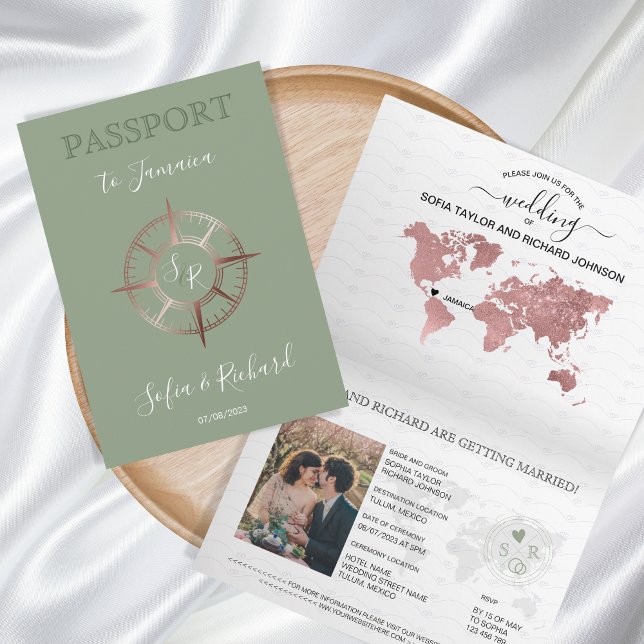 Sage Destination Passport Rose Gold Compass Einladung (Von Creator hochgeladen)