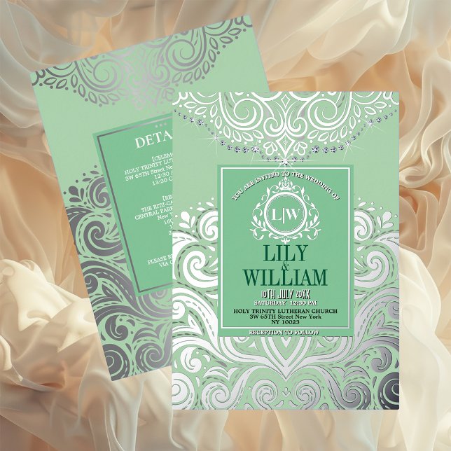 Sage Elegant Artdeco Mongram Wedding Folieneinladung (Luxurious Elegant Classic Boho Wedding Invitation - Real Foil and Monogram)