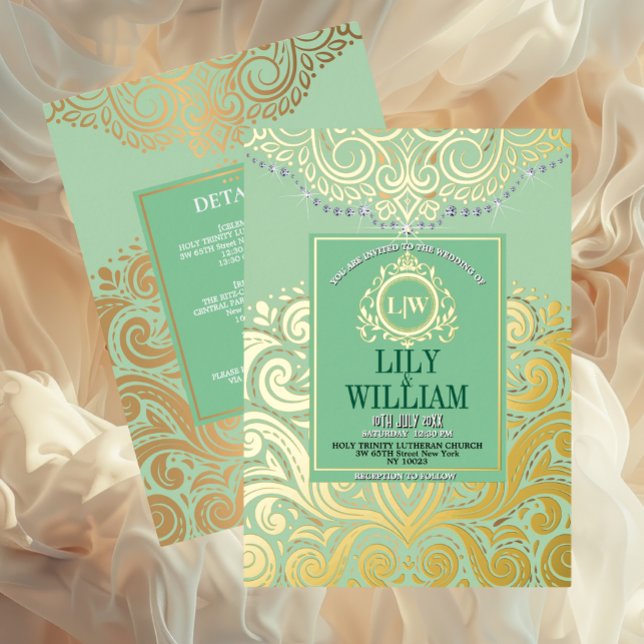 Sage Elegant Artdeco Mongram Wedding Gold Folieneinladung (Luxurious Elegant Classic Boho Wedding Invitation - Real Foil and Monogram)