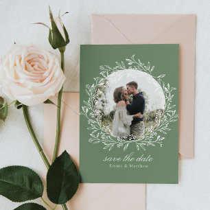 Sage Elegant Botanical Line Kranz Foto & QR Save The Date