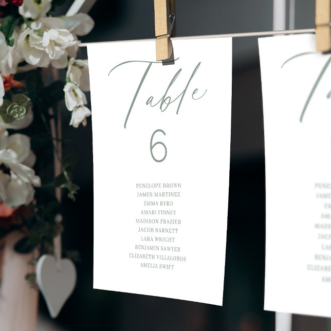 Sage elegante Skript-Tischnummer Sitzkarte Einladung (Sage elegant script table number seating chart)