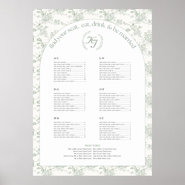 Sage Elegante Toile Seating Chart Poster (Vorne)