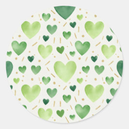 Sage & Emerald Watercolor Hearts with Gold Accents Runder Aufkleber