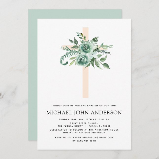 Sage Eukalyptus Baptism Grüne Kreuz Einladung (Vorne/Hinten)
