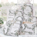 Sage Eukalyptus Wedding Add Names & Congratulation Geschenkpapier<br><div class="desc">Ein schlauer grüner Eukalyptus mit blütiger Rose und weißen Blume Hochzeitsverpackungspapier mit den Worten "Glückwunsch" und den Namen der Braut und des Bräutigams mit ihrem numerischen Hochzeitstermin auf diesem Packpapier geschrieben.</div>