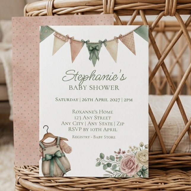 Sage Floral Bunting Baby Shower Einladung (Sage floral bunting baby shower invitation)