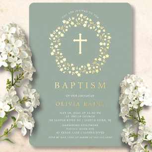 Sage Floral First Baptisc Foil Einladung