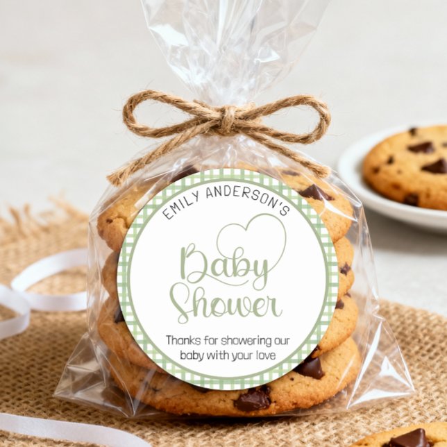 Sage Gingham Baby Shower Favor Sticker (Baby Shower Sticker)