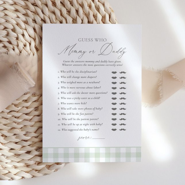 Sage Gingham Baby Shower Ratet, wer Mama oder Papa Einladung (Von Creator hochgeladen)