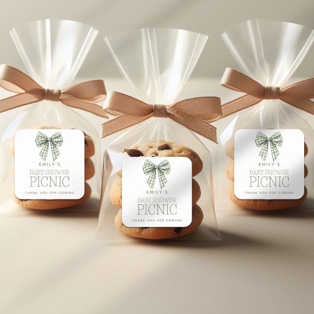 Sage Gingham Bow Name Baby Dusche Vielen Dank Quadratischer Aufkleber (Von Creator hochgeladen)