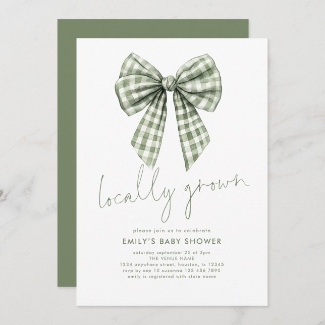 Sage Gingham Coquette Locale Grown Baby Shower Einladung (Vorne/Hinten)