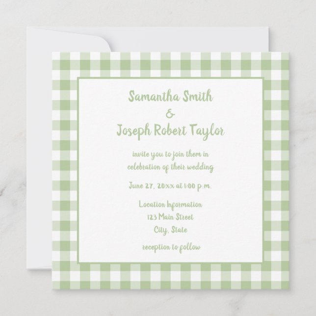 Sage Gingham Country Wedding Einladung (Vorderseite)
