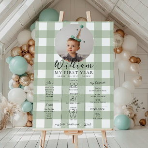 Sage Gingham First Birthday Milestone Timeline Poster