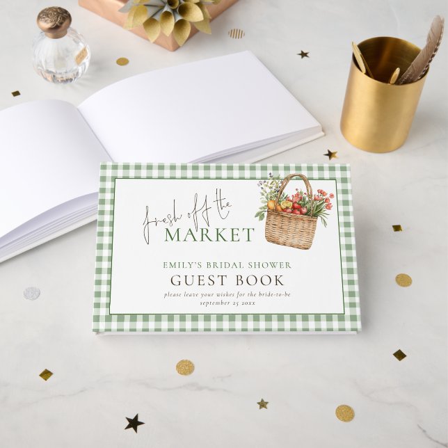 Sage Gingham Fresh off Market Brautparty Gästebuch (Vorderseite Offen)