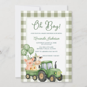 Sage Gingham Grüne Traktor-Baby-Shower-Einladung Einladung