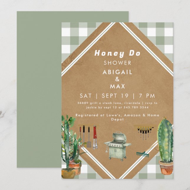 Sage Gingham Honey Do Dusche Einladung (Vorne/Hinten)