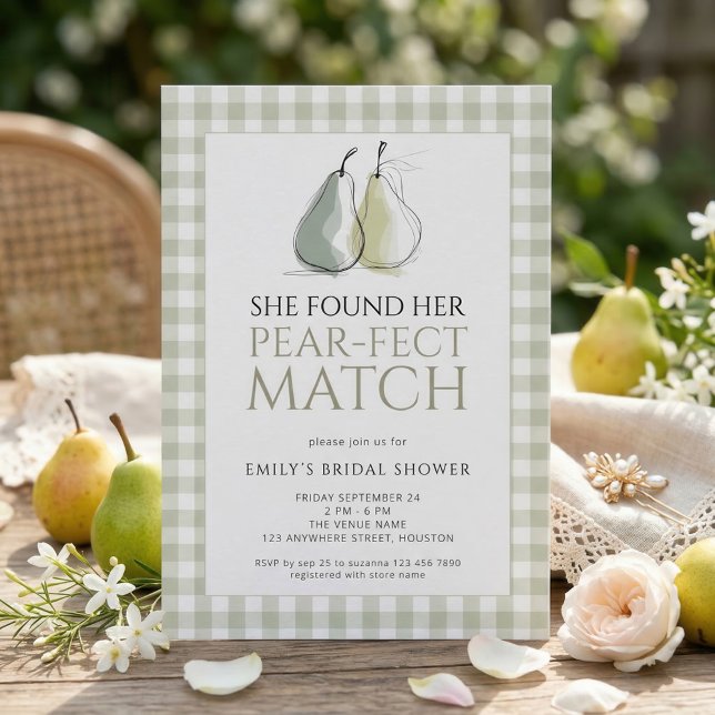 Sage Gingham Pears Pear-fect Match Bridal Shower Einladung (Von Creator hochgeladen)
