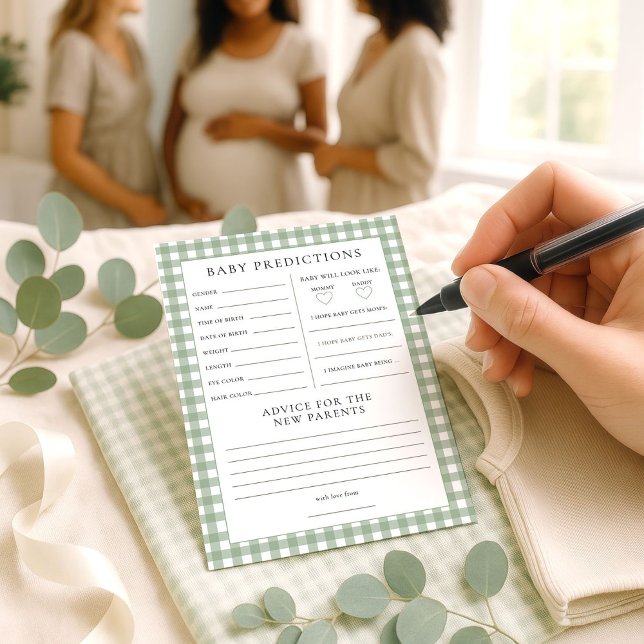 Sage Gingham Predictions Baby Shower Game Card Einladung (Von Creator hochgeladen)