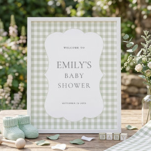 Sage Gingham-Saum-Rand Willkommen Baby-Party Poster