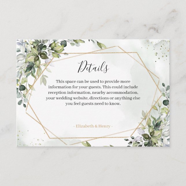 Sage gold eucalyptus geometric wedding detail card begleitkarte (Vorderseite)