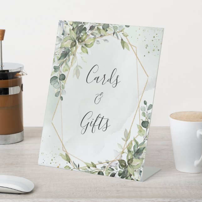 Sage gold eucalyptus geometric wedding gifts sign sockelschild (In SItu)