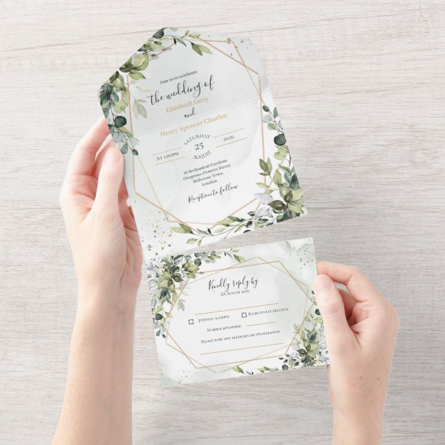 Sage gold eucalyptus geometric wedding invite rsvp all in one einladung (Abreißtisch)