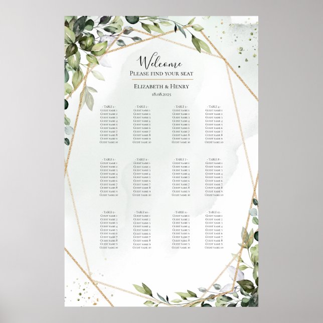 Sage Gold Eukalyptus Boho Hochzeit Sitzplan Poster (Vorne)