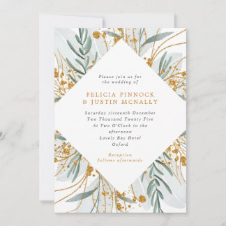 Sage & Gold Glitzer Geometric Winter Wedding Einladung