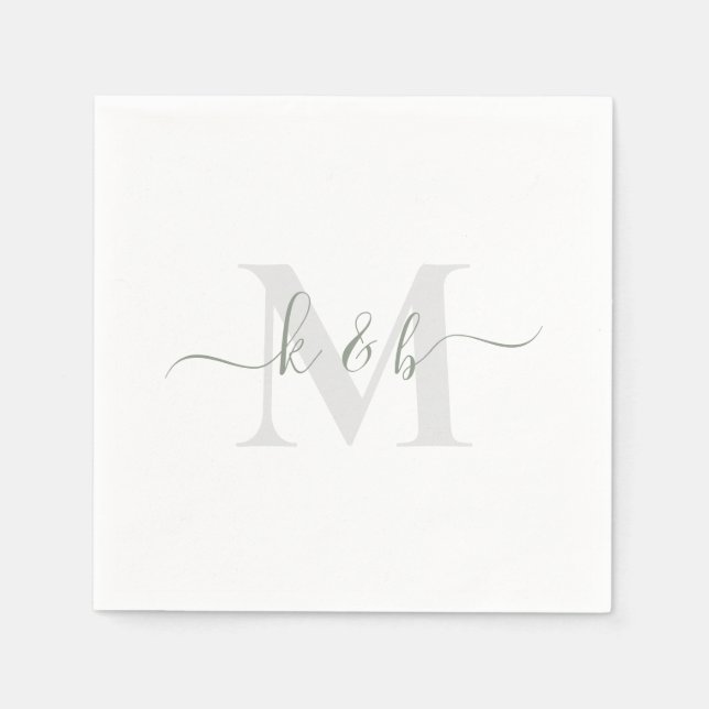 Sage & Grau Monogram Swash Script White Cocktail Serviette (Vorderseite)