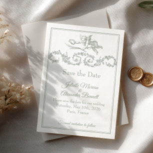 Sage-Grau Toile de Jouy Cherub Save the Date Karte