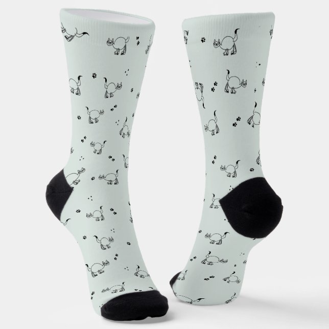 Sage Gray Green Cat Line Art Pattern Socks Socken (Gewinkelt)