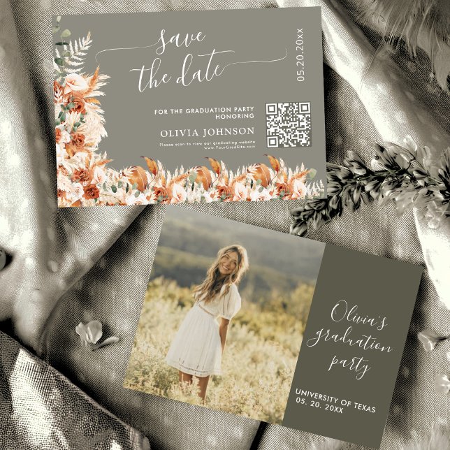 Sage Gray Terracotta Graduation Save the Date QR  (Von Creator hochgeladen)