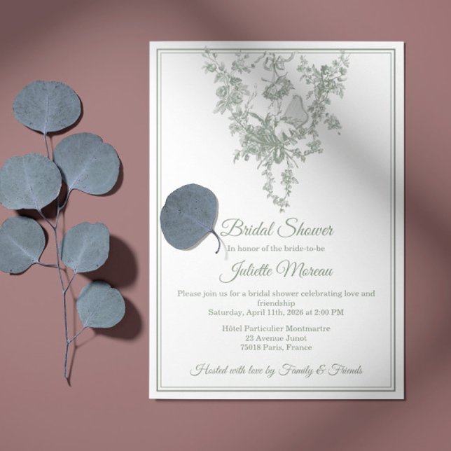 Sage Gray Toile de Jouy Bridal Shower Invitation Einladung (Von Creator hochgeladen)