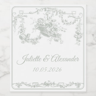 Sage Gray Toile de Jouy Hochzeitsflaschenetikett Weinetikett