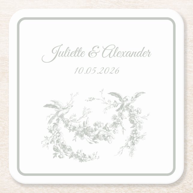 Sage Gray Toile de Jouy Wedding Paper Coasters Rechteckiger Pappuntersetzer (Vorderseite)