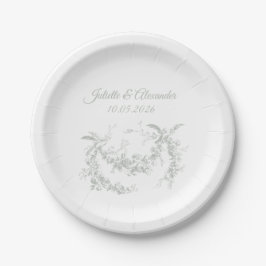 Sage Gray Toile de Jouy Wedding Paper Plates Pappteller